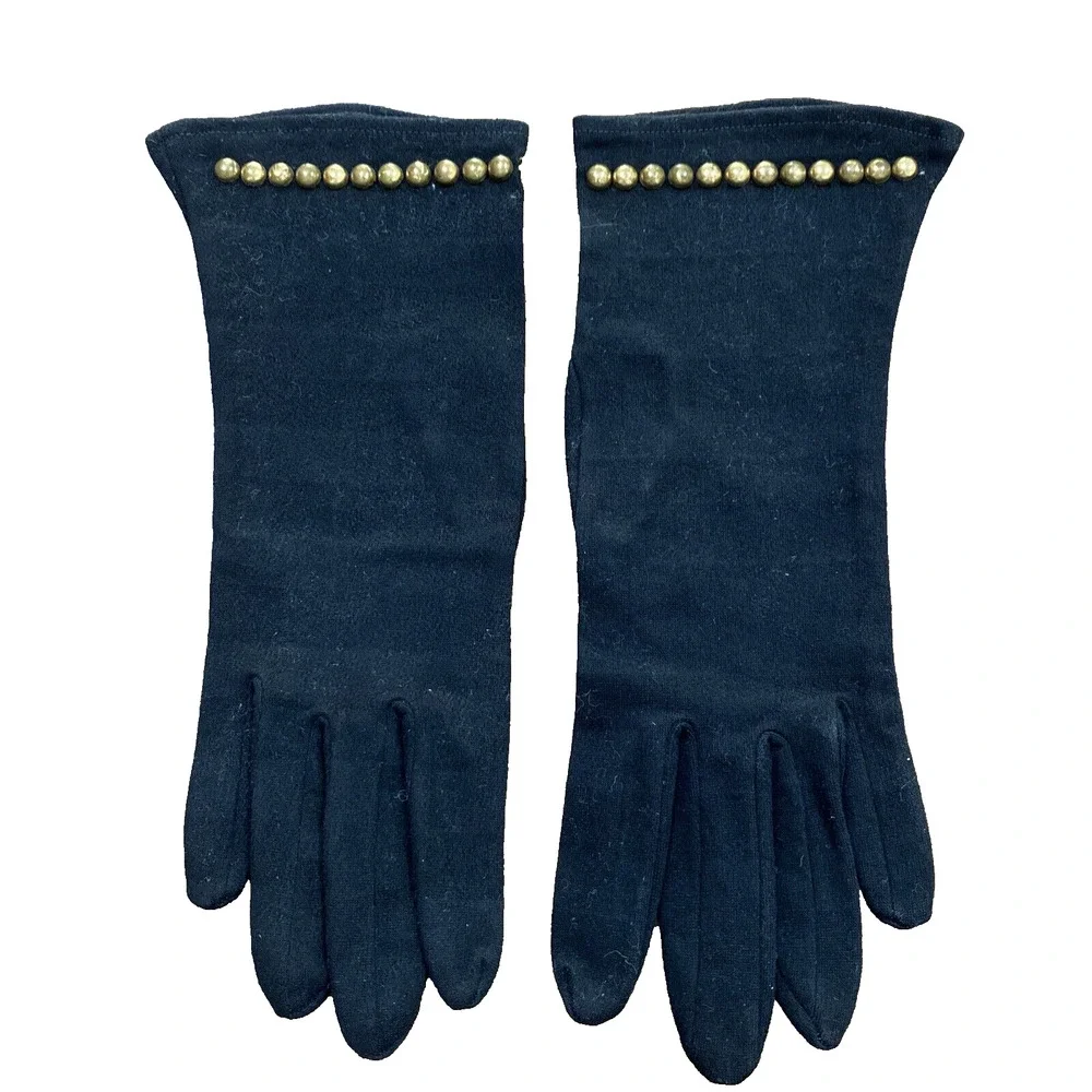Vintage Black Fabric Driving Gloves Brass Studs Wrist Length Cotton Mid Century